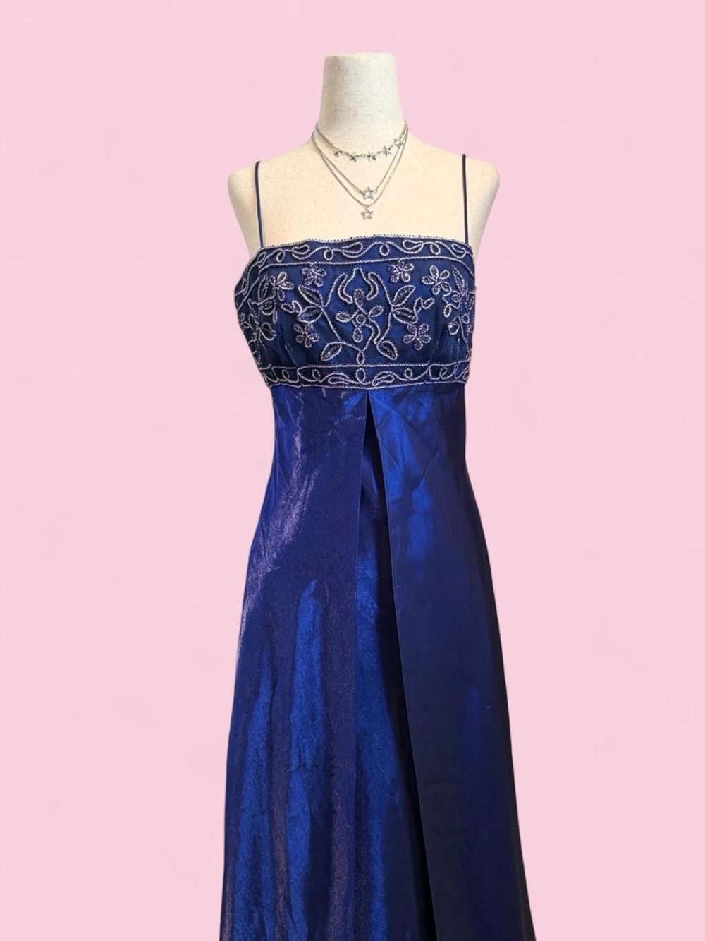 Y2K Blue Beaded Empire Waist Fairy Prom Dress